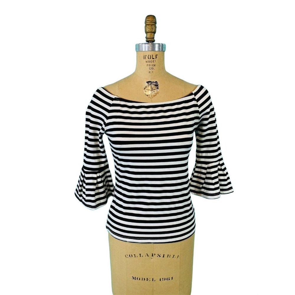 Ina Striped Top Women's Medium Black & White Bell Sleeve Off Shoulder Stretch Pi